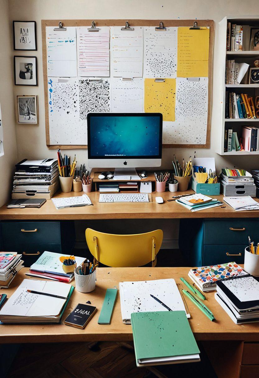 A split scene showcasing a perfectly organized workspace on one side, symbolizing perfectionism, featuring a neatly arranged desk with color-coded files and precise stationery. The other side displays a creative chaos with vibrant, used sketchbooks, paint splatters, and a bustling atmosphere, representing productivity. A symbolic tightrope stretches between both sides, illustrating the fine line between the two concepts. Soft lighting enhances the colors creating a warm, inviting mood. super-realistic. vibrant colors. dramatic lighting.