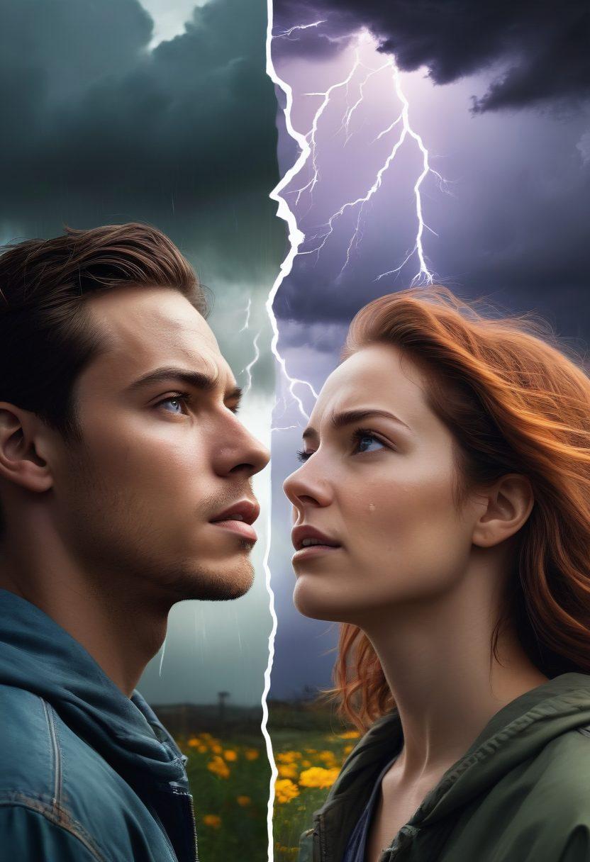 A split-screen image depicting two scenarios: on one side, a person receiving harsh criticism with a dark, stormy background and a sullen expression, and on the other side, the same person receiving constructive feedback with a bright, sunny background and an uplifting expression, surrounded by supportive figures. Capture contrasting emotions and environments to illustrate the transformation. super-realistic. vibrant colors. balanced composition.