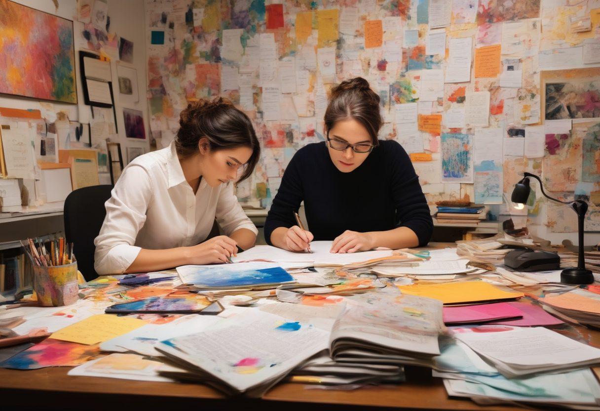 An intricately detailed scene of a person sitting at a desk filled with colorful critique notes, magnifying glass in hand, examining a canvas of abstract art. Surrounding them are books stacked high labeled 'Constructive Criticism' and 'Creativity Unleashed', with a soft warm light casting a glow on their focused expression. Include vibrant splashes of paint and critique symbols floating above the desk. super-realistic. vibrant colors. cozy atmosphere.